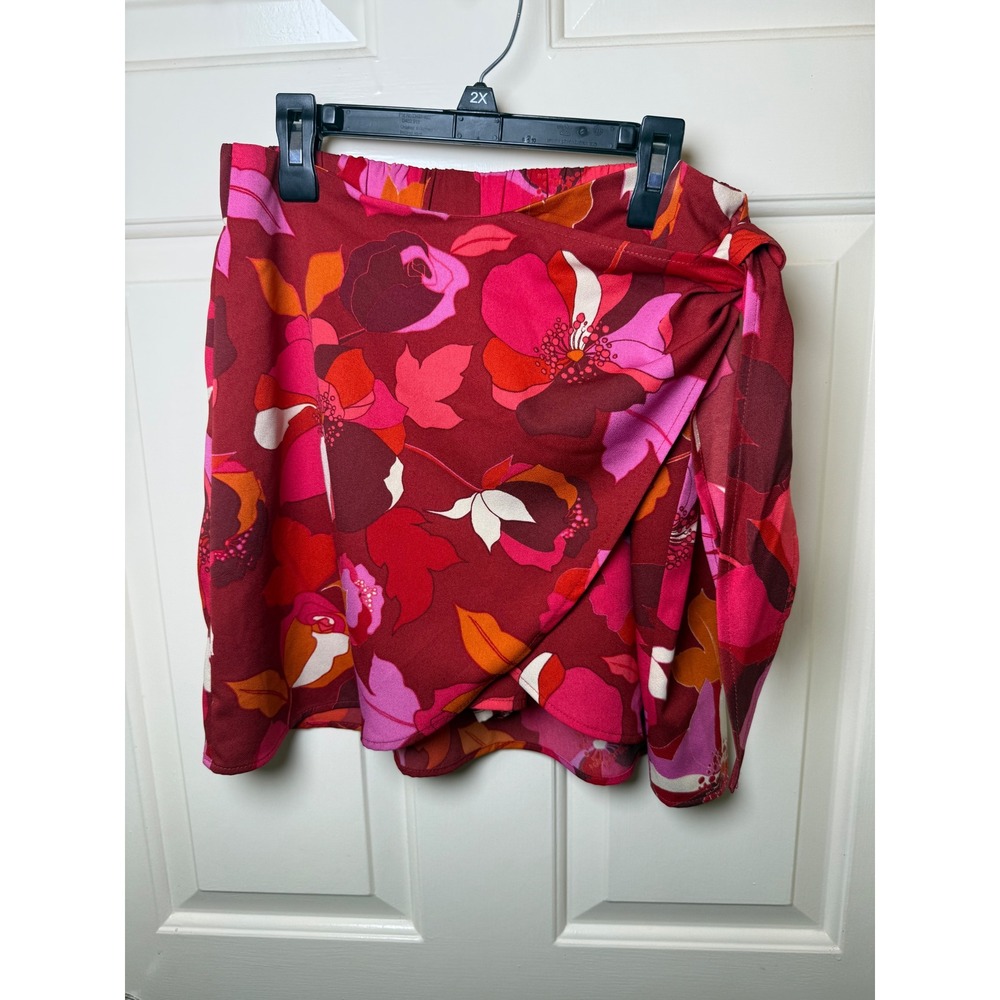 DR2 Women Red Pink Floral Wrap Mini Skirt Side Tie Elastic Waist